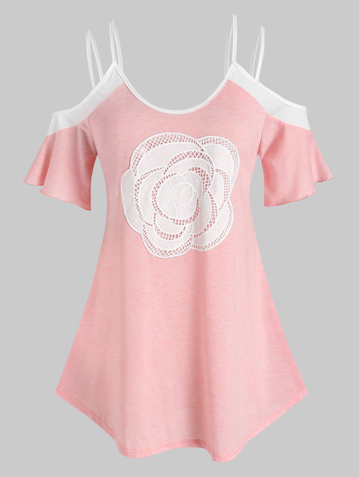 T-shirt Fleur en Dentelle à Epaule Dénudée de Grande Taille - Rose clair 5X
