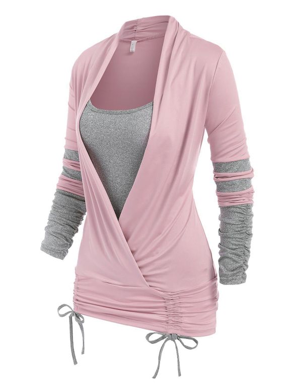 T-shirt Rayé Contrasté Sanglé Fausse Deux Pièces à Manches Longues - Rose clair 2XL
