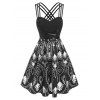 Robe Ajustée Evasée à Bretelle Croisée Imprimée Bohémienne - Noir L