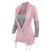 T-shirt Rayé Contrasté Sanglé Fausse Deux Pièces à Manches Longues - Rose clair 2XL