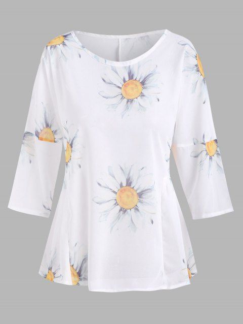 Blouse Demi-Transparente à Imprimé Tournesol en Mousseline de Soie à Volants