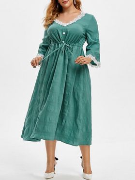 Plus Size Drawstring Contrast Lace Dress