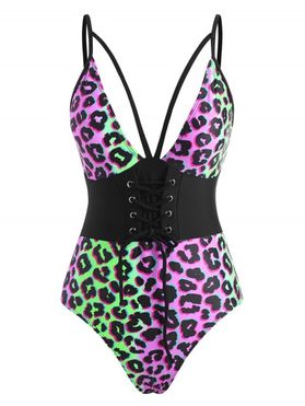 Neon Leopard Lace-up Strappy One-piece Swimsuit