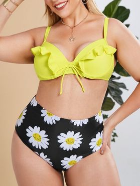 Plus Size Ruffle Tie Push Up Flower High Rise Bikini Swimwear