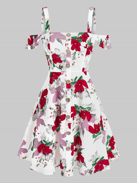 Ruffled Floral Print Cold Shoulder Mini Dress