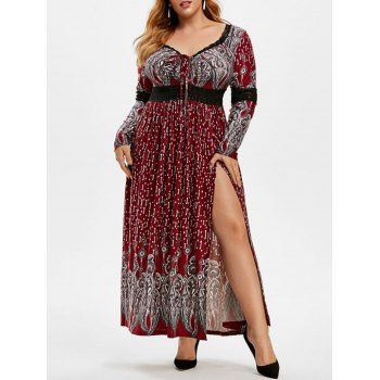 

Plus Size Lace Panel Lace-up Empire Waist Dress, Red wine