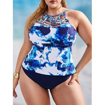 

Plus Size Sea Wave Print Ladder Cutout Tankini Swimwear, Deep blue