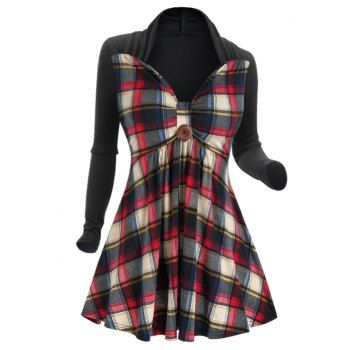 

Plaid Print Button Embellished Flare T-shirt, Black