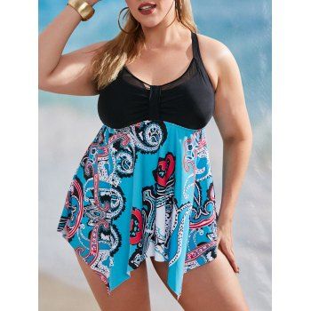 

Plus Size Octopus Mesh Panel Hanky Hem Tankini Swimwear, Multicolor