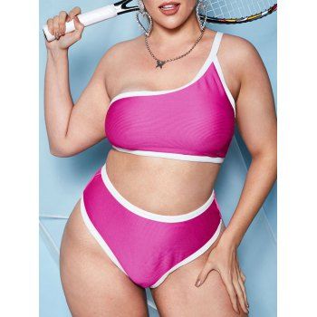 

Plus Size Contrast Piping Ribbed Padded Bikini Set, Light pink