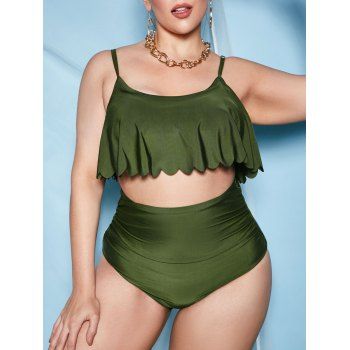 

Scalloped Flounces Ruched High Waisted Tankini Swimwear, Deep green