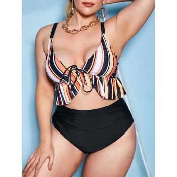 Plus Size Striped Ruffle Ruched High Waisted Bikini Swimwear