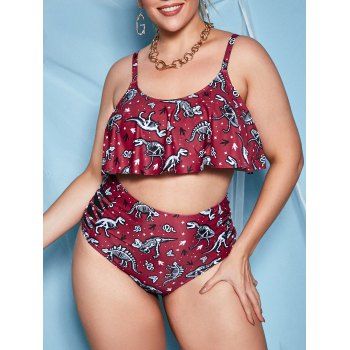 

Plus Size Dinosaur Print Mesh Panel Crisscross Flounce Bikini Swimwear, Deep red