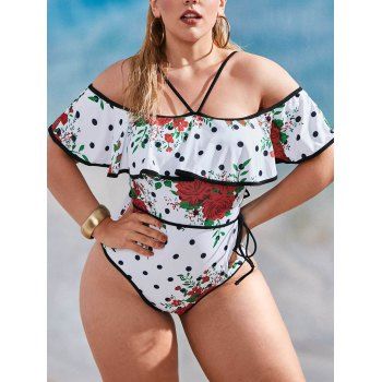 

Plus Size Rose Print Polka Dot Flounce One-piece Swimsuit, White