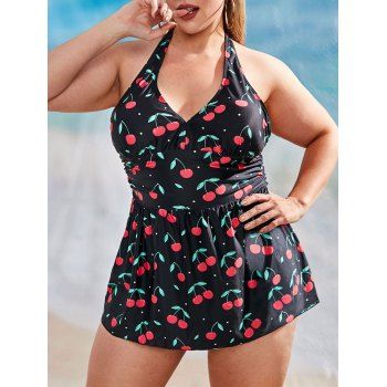 

Plus Size Cherry Print Ruched Tankini Swimwear, Black