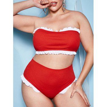 

Plus Size Ruffle Hem Padded Ribbed Bandeau Bikini Set, Red