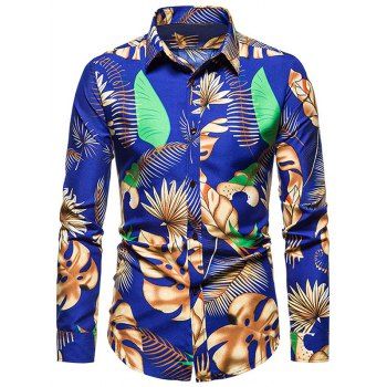 

Long Sleeve Tropical Leaves Print Shirt, Blueberry blue