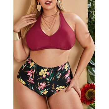 

Plus Size Floral Print Halter Padded Bikini Set, Deep red