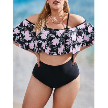 

Plus Size Tropical Print Cold Shoulder Padded Tankini Set, Light pink