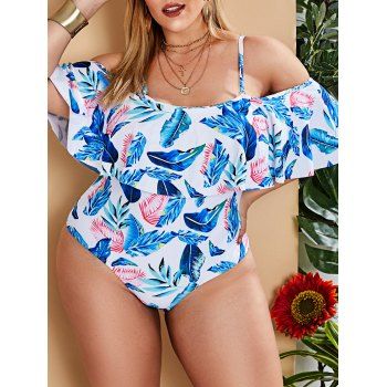 

Plus Size Tropical Leaves Print Flounced Padded One-piece Swimwear, White