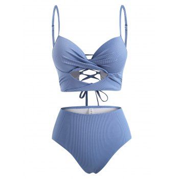 

Ribbed Twist Cutout Push Up Tankini Swimwear, Light blue