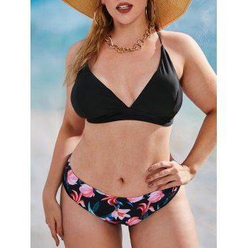 

Plus Size Criss Cross Flower Print Bikini Swimwear, Black