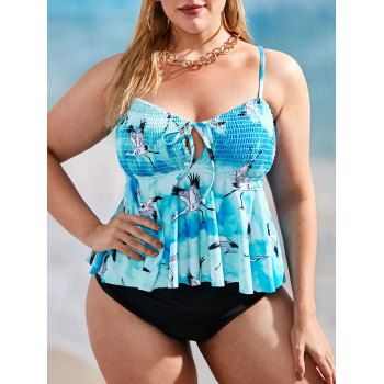 

Plus Size Chinese Crane Print Smocked Detail Tie Tankini Swimwear, Light blue
