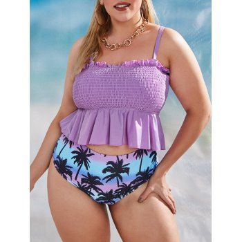 

Plus Size Smocked Coconut Palm Hawaii Tankini Swimwear, Light purple