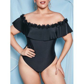 

Plus Size Petal Flower Off Shoulder One-piece Swimsuit, Black