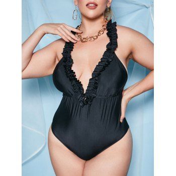 

Plus Size Frilled Low Back One-piece Swimsuit, Black