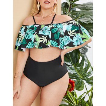 

Plus Size Tropical Print Cold Shoulder Padded Tankini Set, Deep green