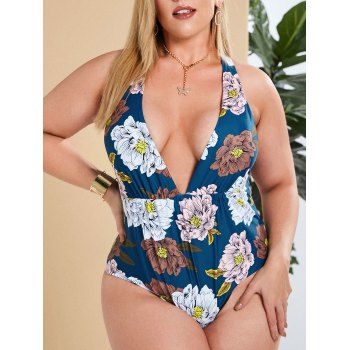 

Plus Size Flower Plunge Criss Cross One-piece Swimsuit, Multicolor
