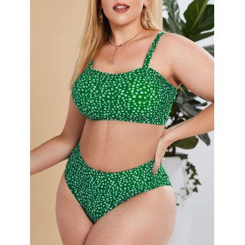 

Plus Size Ditsy Print High Rise Tank Bikini Swimwear, Deep green