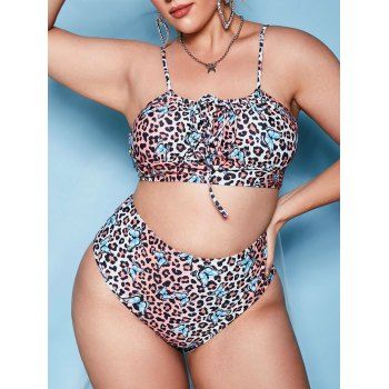 

Plus Size Tie Leopard Butterfly Print High Waisted Bikini Swimwear, Coffee