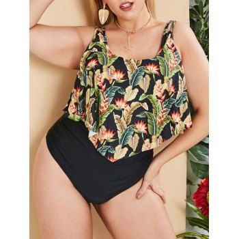 

Plus Size Leaf Print Flounce Ruched Tankini Swimwear, Black