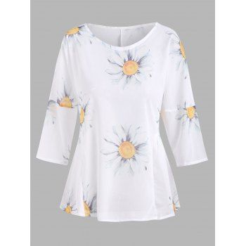 

Sunflower Print Ruched Waist Semi-sheer Chiffon Blouse, White