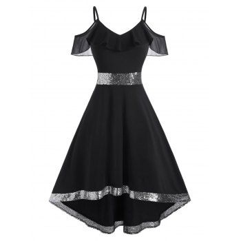 

Ruffle Sequins Open Shoulder High Low Dress, Black