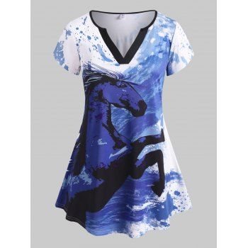 

Plus Size Horse Tie Dye Print V Notch T-shirt, Blue