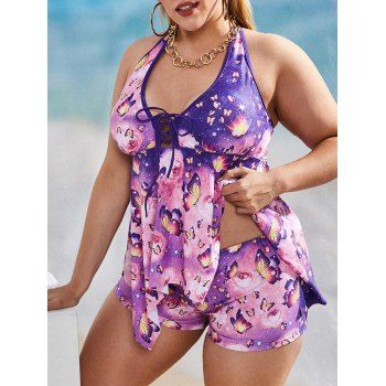 

Plus Size Butterfly Flower Lace-up Hanky Hem Tankini Swimwear, Purple