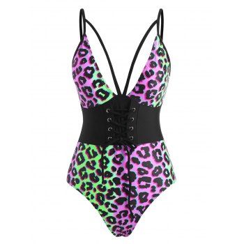 

Neon Leopard Lace-up Strappy One-piece Swimsuit, Black