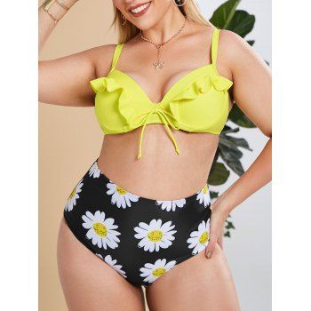 

Plus Size Ruffle Tie Push Up Flower High Rise Bikini Swimwear, Multicolor