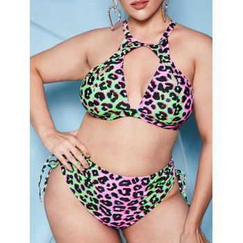 

Plus Size Leopard Cutout Underwire Cinched Ruched Bikini Swimwear, Multicolor