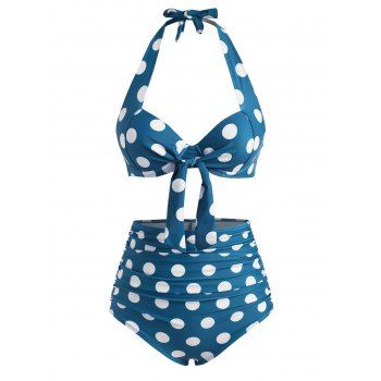 

Halter Polka Dot Push Up Knot Ruched Bikini Swimwear, Blue