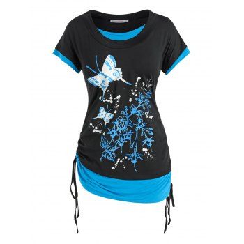

Plus Size Cinched Butterfly Floral Faux Twinset Tee, Black