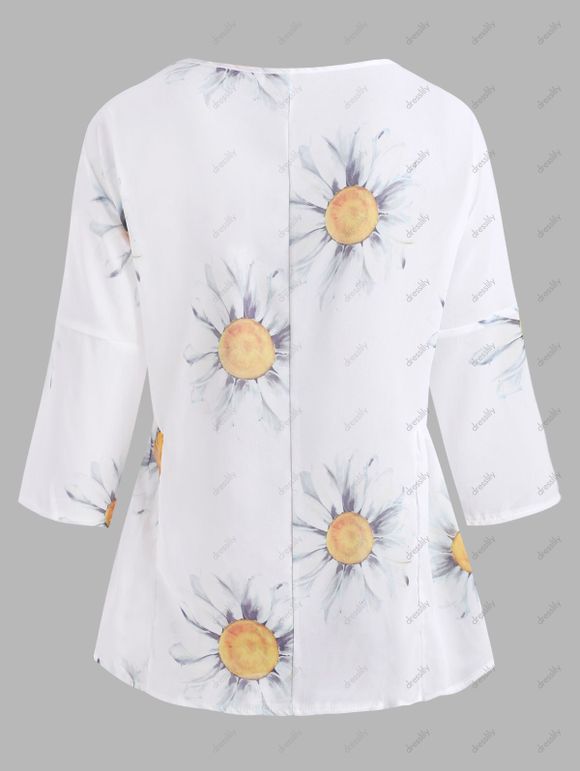 Blouse Demi-Transparente à Imprimé Tournesol en Mousseline de Soie à Volants - Blanc S