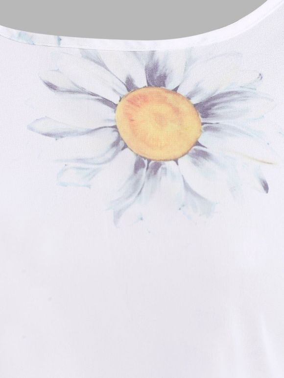 Blouse Demi-Transparente à Imprimé Tournesol en Mousseline de Soie à Volants - Blanc S