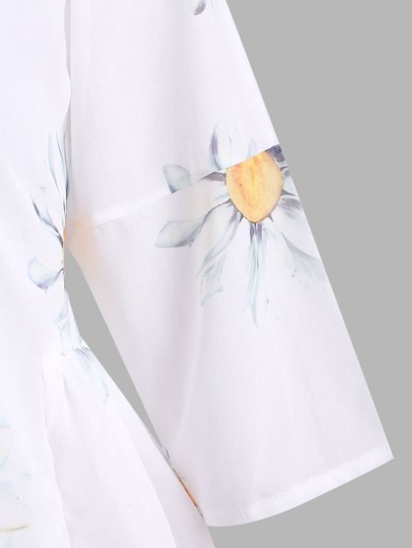 Blouse Demi-Transparente à Imprimé Tournesol en Mousseline de Soie à Volants - Blanc S