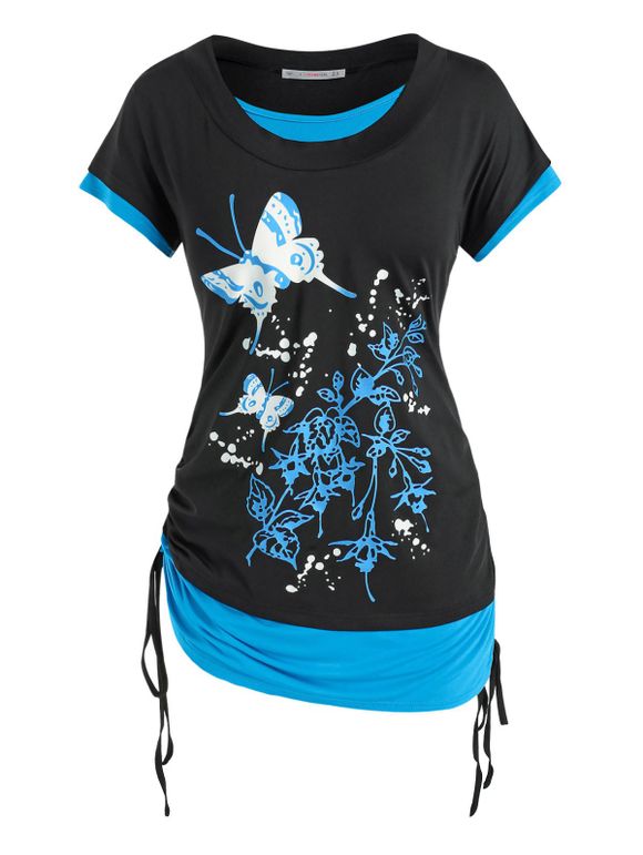 T-shirt Papillon Fleuri de Grande Taille Fausse Deux Pièces - Noir 3X