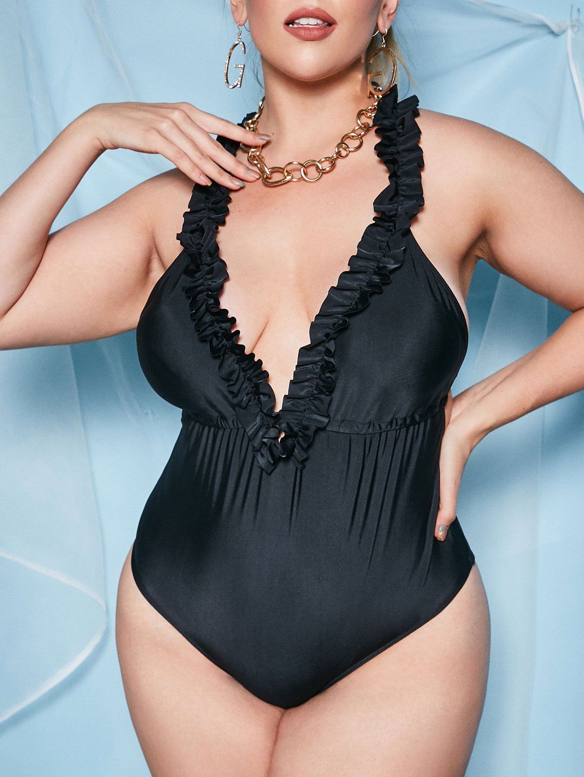 Plus Size Frilled Low Back One-piece Swimsuit - BLACK 3XL
