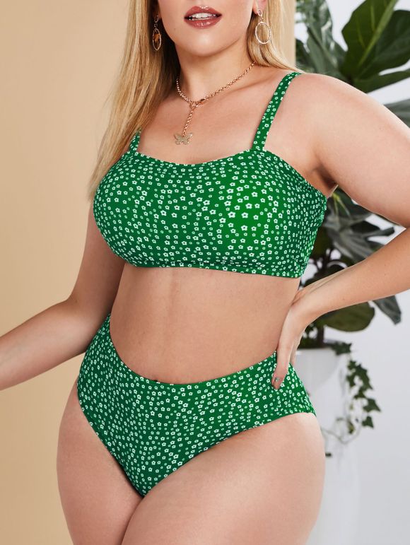 Maillot de Bain Bikini à Imprimé Fleuri à Coupe Haute de Grande Taille - Vert profond 3XL